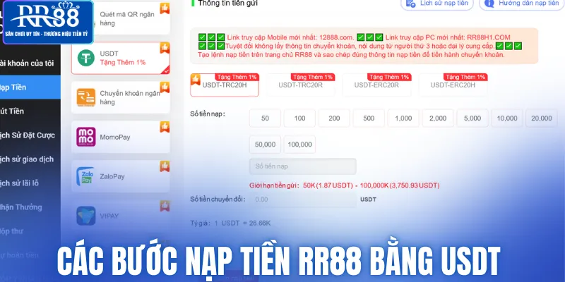 Các bước nạp tiền RR88 bằng USDT 
